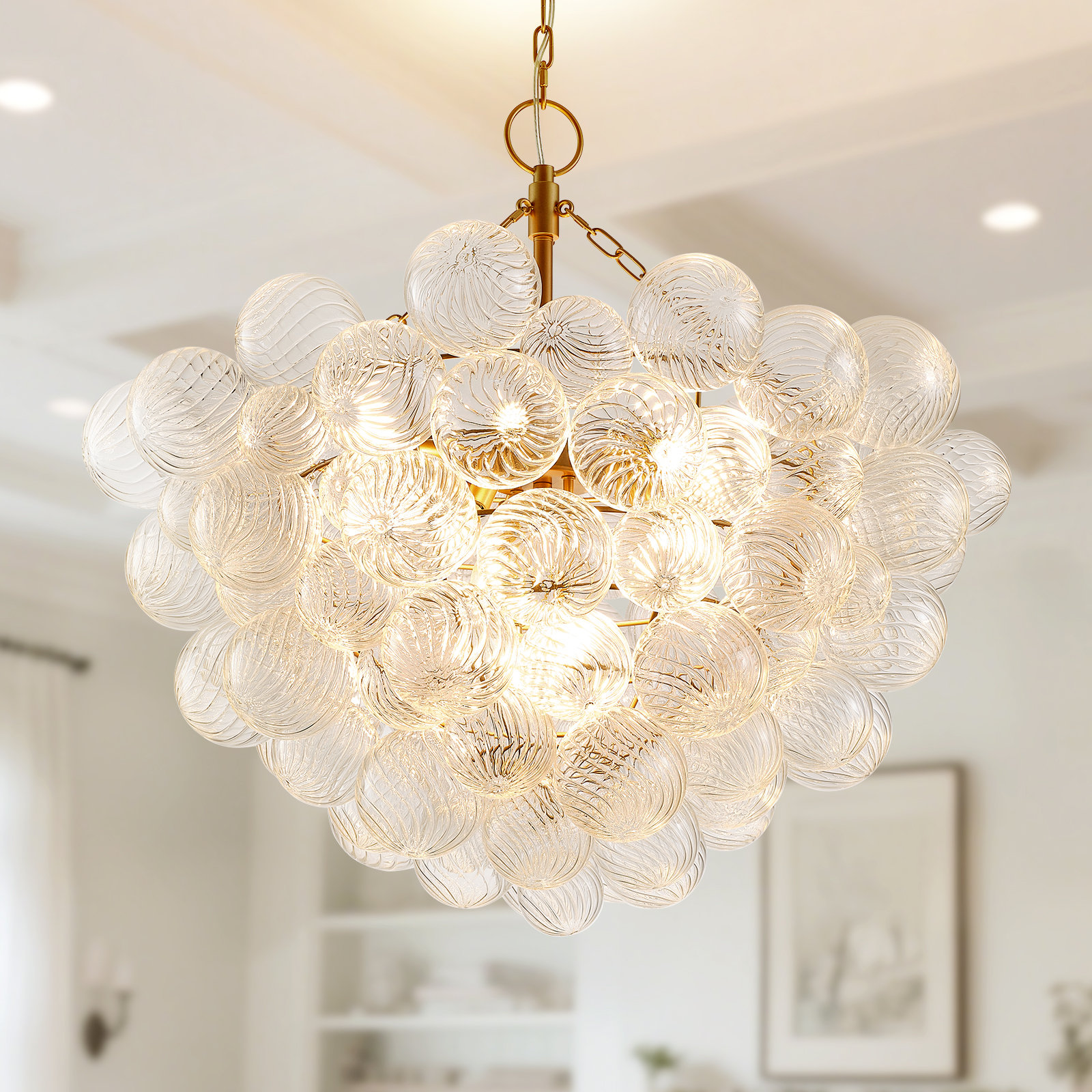 Runave Nordic Bubble Ball Swirled Glass Chandelier, Dia Gild Gold